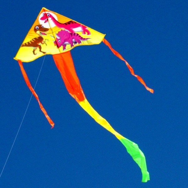 dinosaur printed single line delta kite flying in the distance