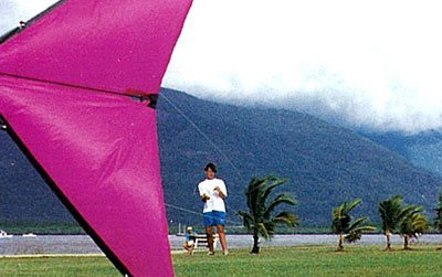 teenagers flying a pink stunt kite skimming across the ground