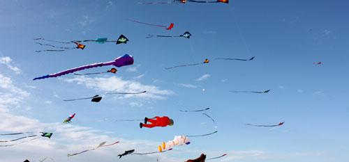 inflatable kites in flight at Redcliffe Kitefest 2019