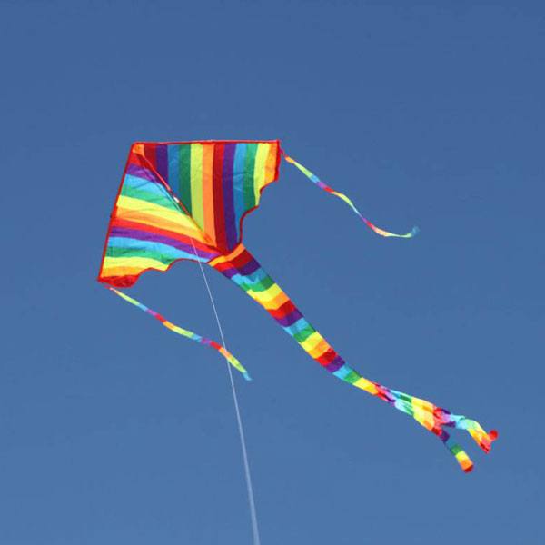 Rainbow delta single string kite flying in the distance