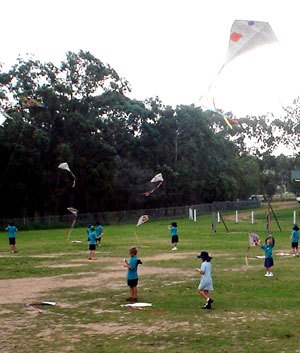 children flying the kites they made in a kite making workshop