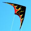 swept wing delta stunt kite with red and yellow flames licking a black background. This is leading edge kites flames model