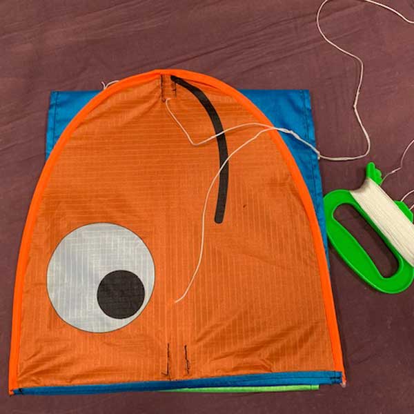 Wilma Work kids kite showing bridle string and flying line