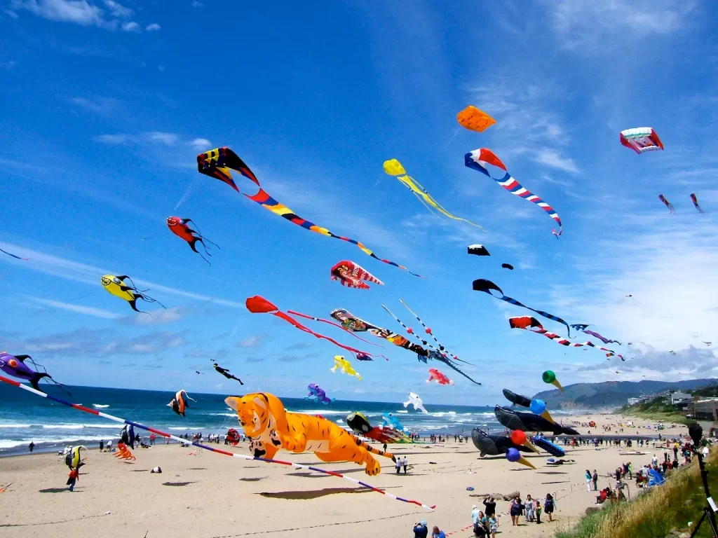 many, many kites flying over the beach at a kite festival