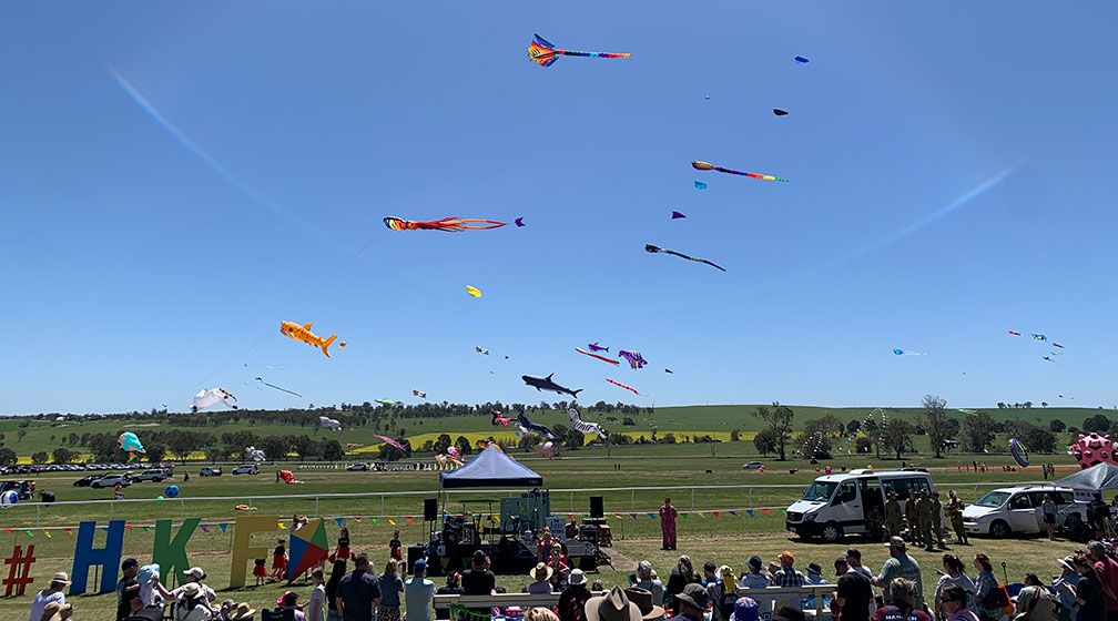 large kites flying over harden racecource