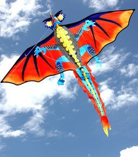 orange and blue dragon single string kids kite in flight
