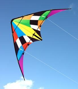 multi colored Firestorm 1.8m dual control stunt kite in the sky