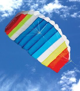 blue white yellow orange and red 1.5 meter Nitro foil dual control kite in the sky