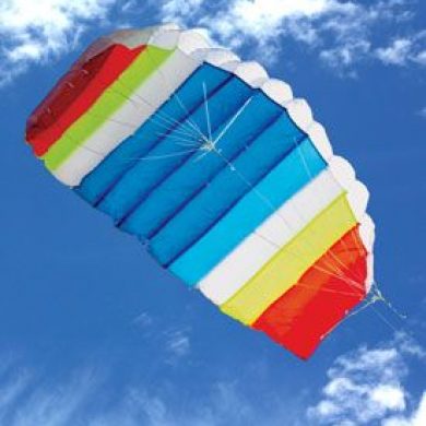 blue white yellow orange and red 1.5 meter Nitro foil dual control kite in the sky